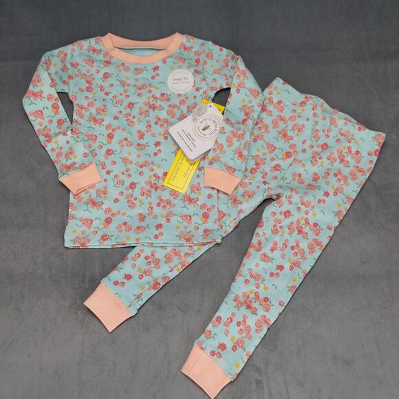Burt's Bees Floral Organic Cotton Snug Fit Pink & Teal Pajama Set 2T - Picture 1 of 7